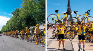 Team Rynkebyn suomalaisosallistujat pyöräilemässä ja seisomassa Eiffel-tornin edessä pyörät käsissään.